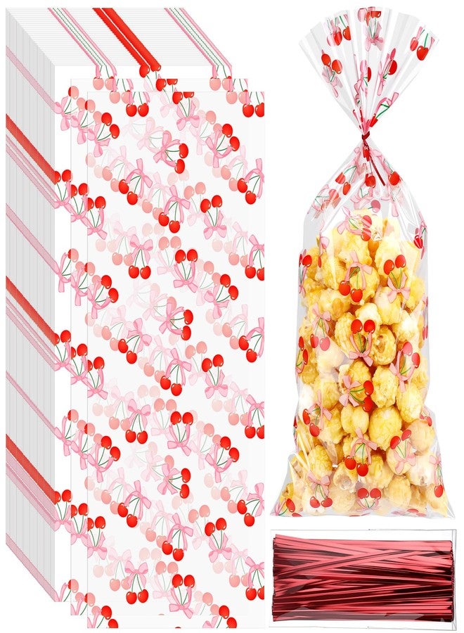 Yexiya 100pcs Cherry Cellophane Clear Treat Bags Pink Bows Candy Gift Bag with Ribbon Coquette Printed Plastic Goodie Snack Bags for Valentines Baby Shower Birthday Wedding Party Favors - Image 1